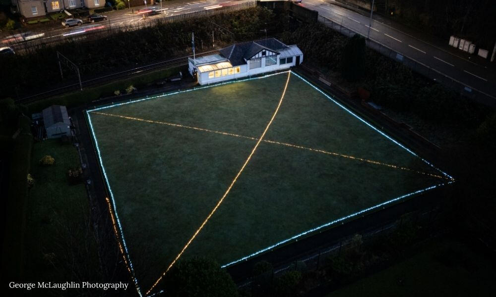 Birdseye view of First Hampden Birdseye view of First Hampden with saltire lit up in lights over the bowling green